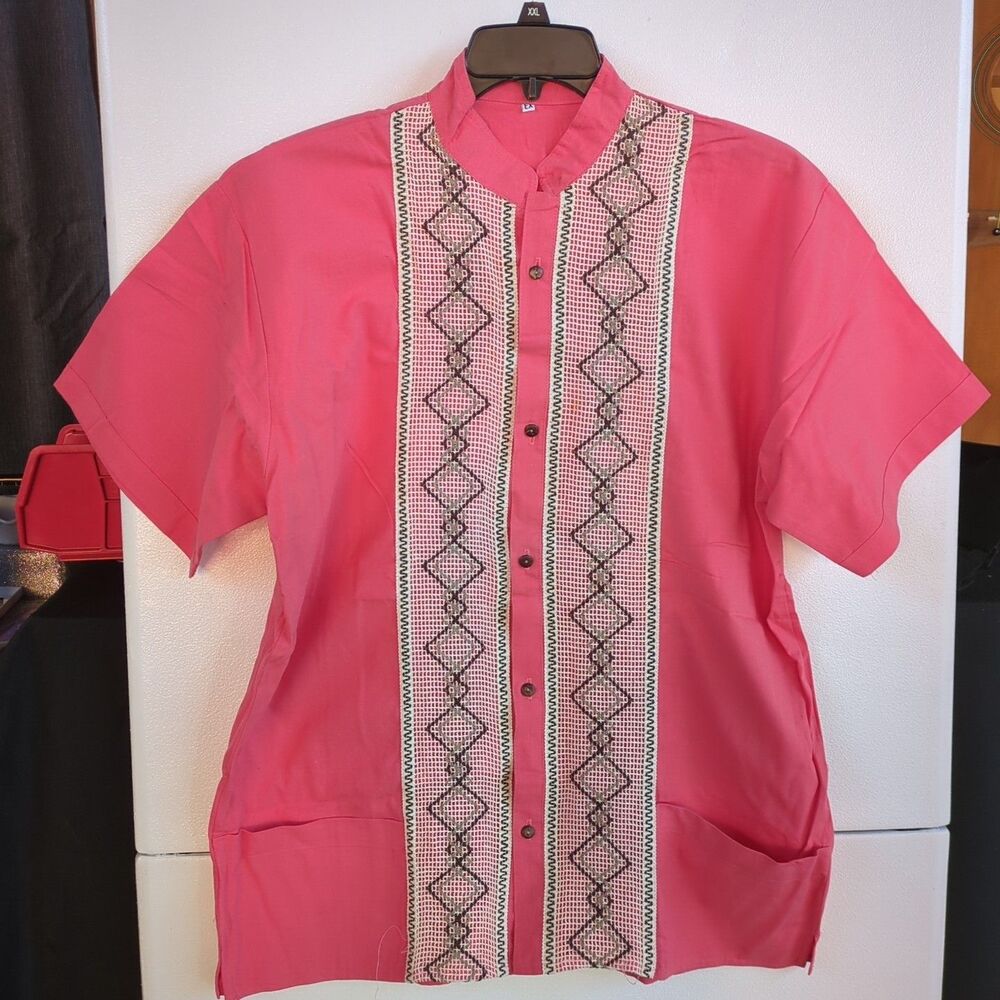 Men Handcrafted Mexico Guayabera Shirt Pink Short Sleeve White Embroidery, XL